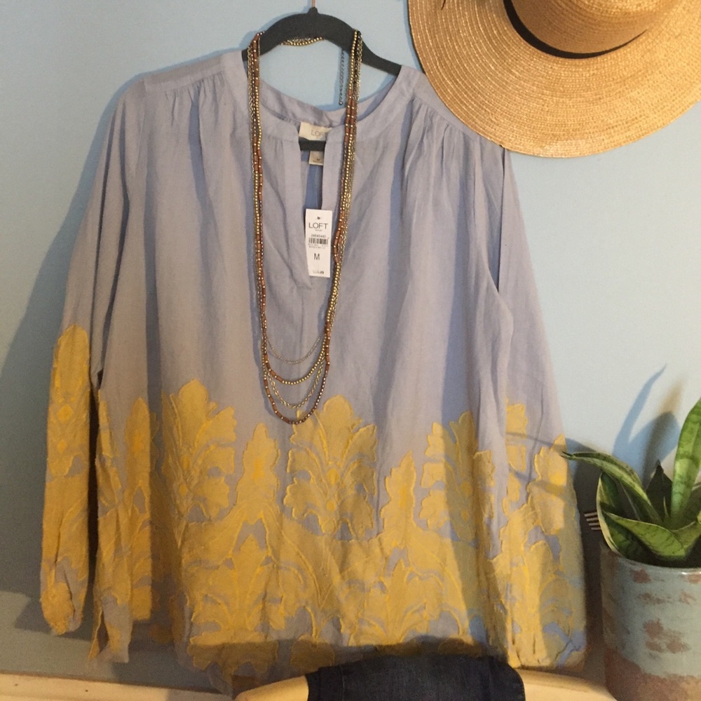 Loft chambray oversized shirt w/yellow embroidery